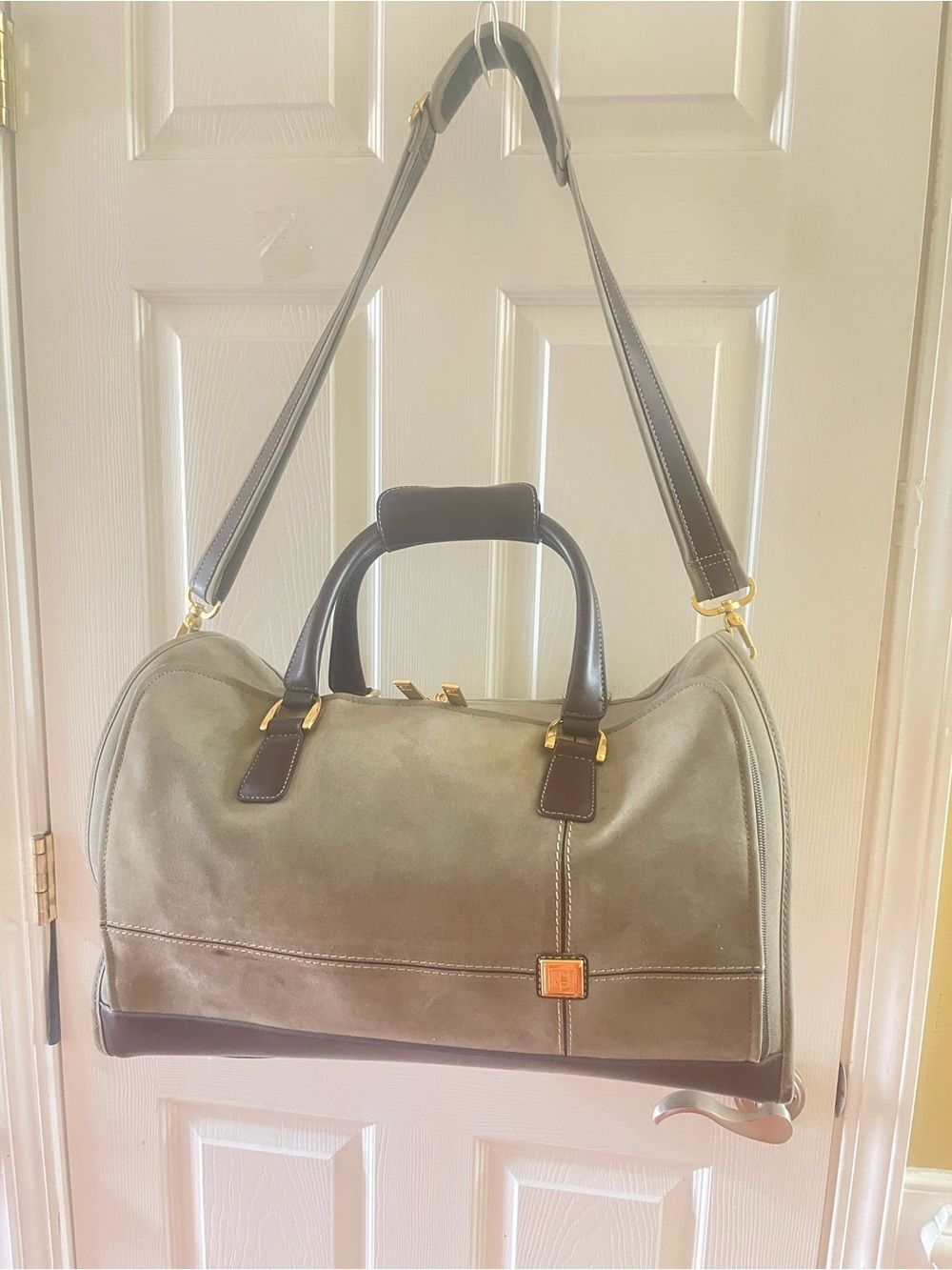 Diane Von Furstenberg  olive Green Fabric canvas duffel bag brown leather straps